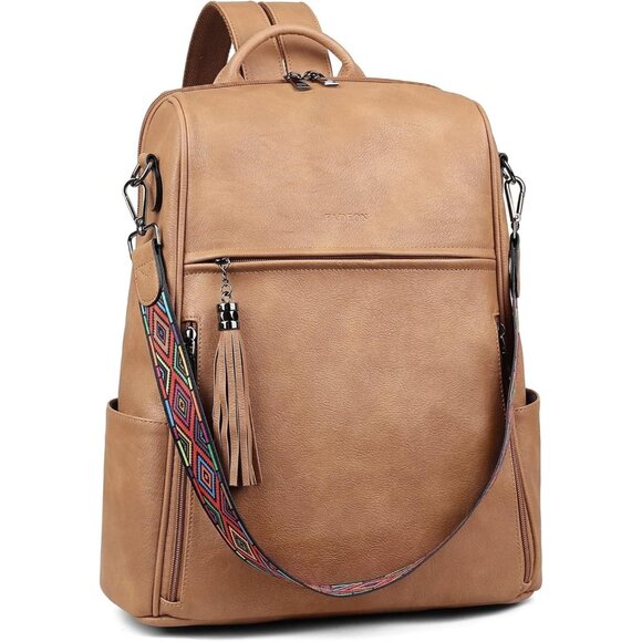 Women Camel Brown Retro Style Backpack Designer 15.6 inch PU Leather Laptop Bag - Picture 6 of 9